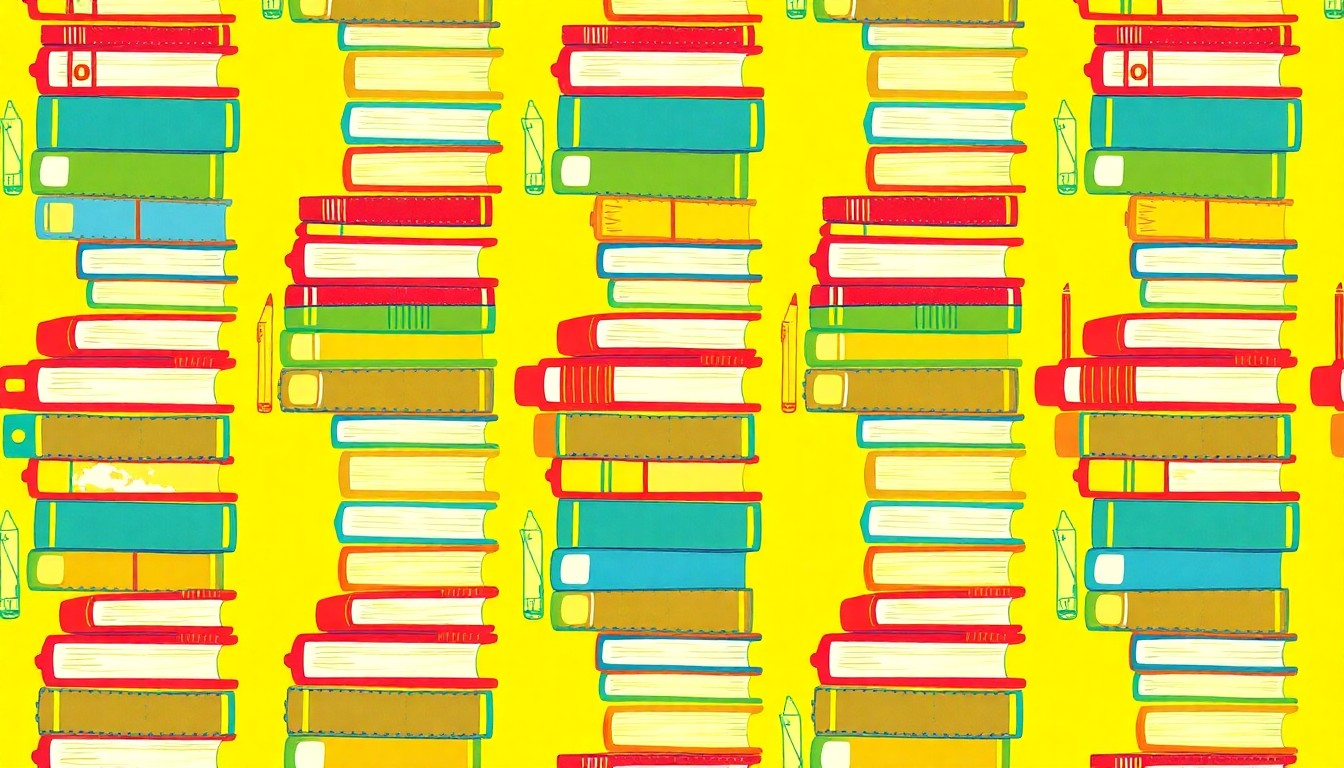 A bold, colorful silkscreen print featuring a repeating pattern of school supplies like textbooks, pencils, and notebooks, conveying the educational mission of the MCC Foundation Gala.