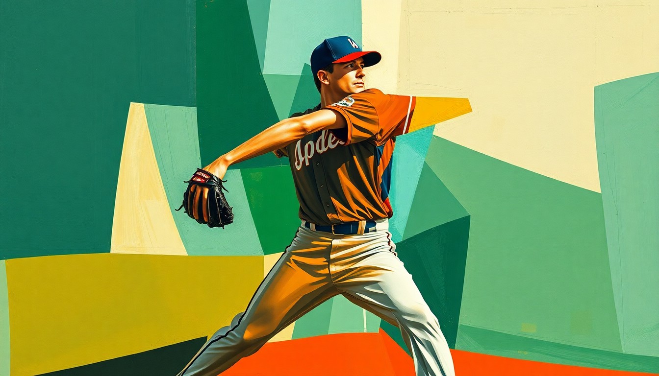 A cubist-style painting depicting a baseball pitcher's motion broken down into overlapping geometric shapes in navy, green, and orange, conveying the dynamic energy of the sport.