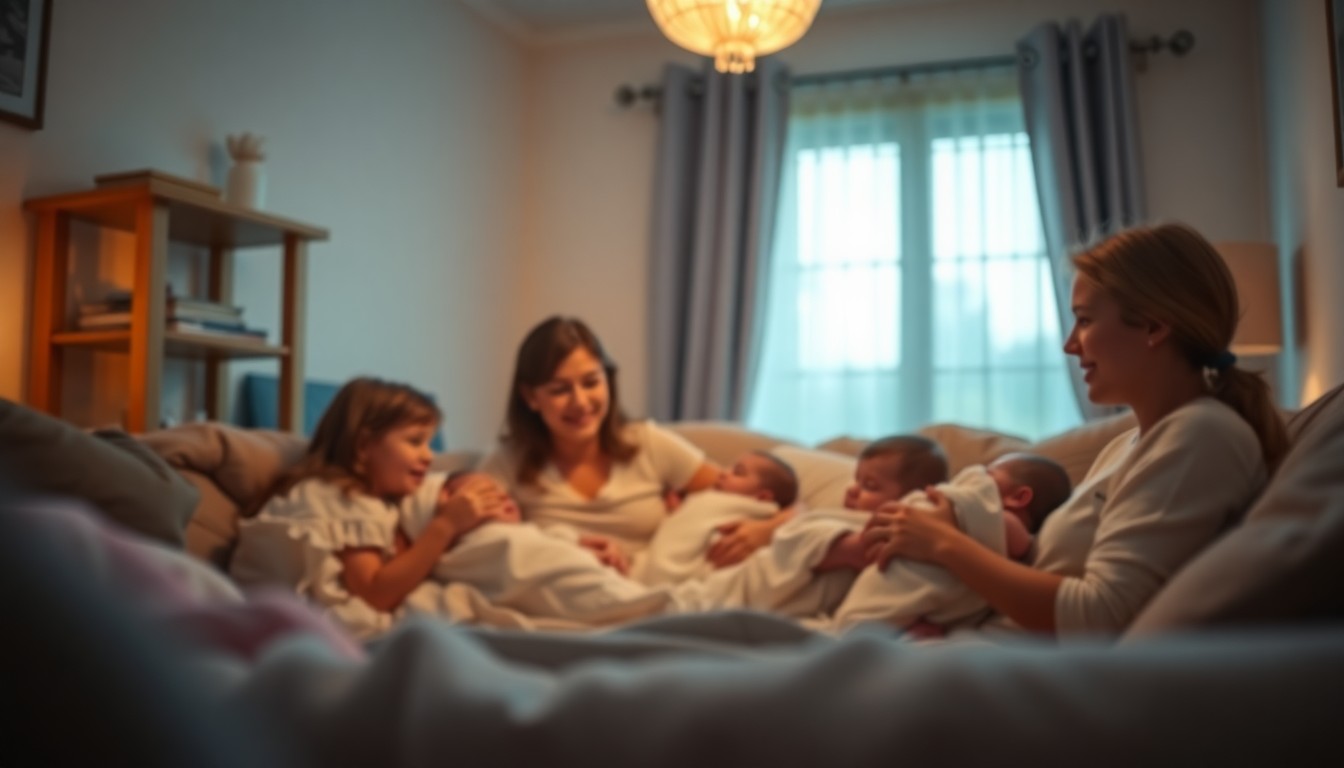 An extremely abstracted, out-of-focus photograph shot through condensation or rain-streaked glass, composed of a warm, glowing domestic scene that captures the intimate, joyful atmosphere of a family welcoming home their quintuplets.