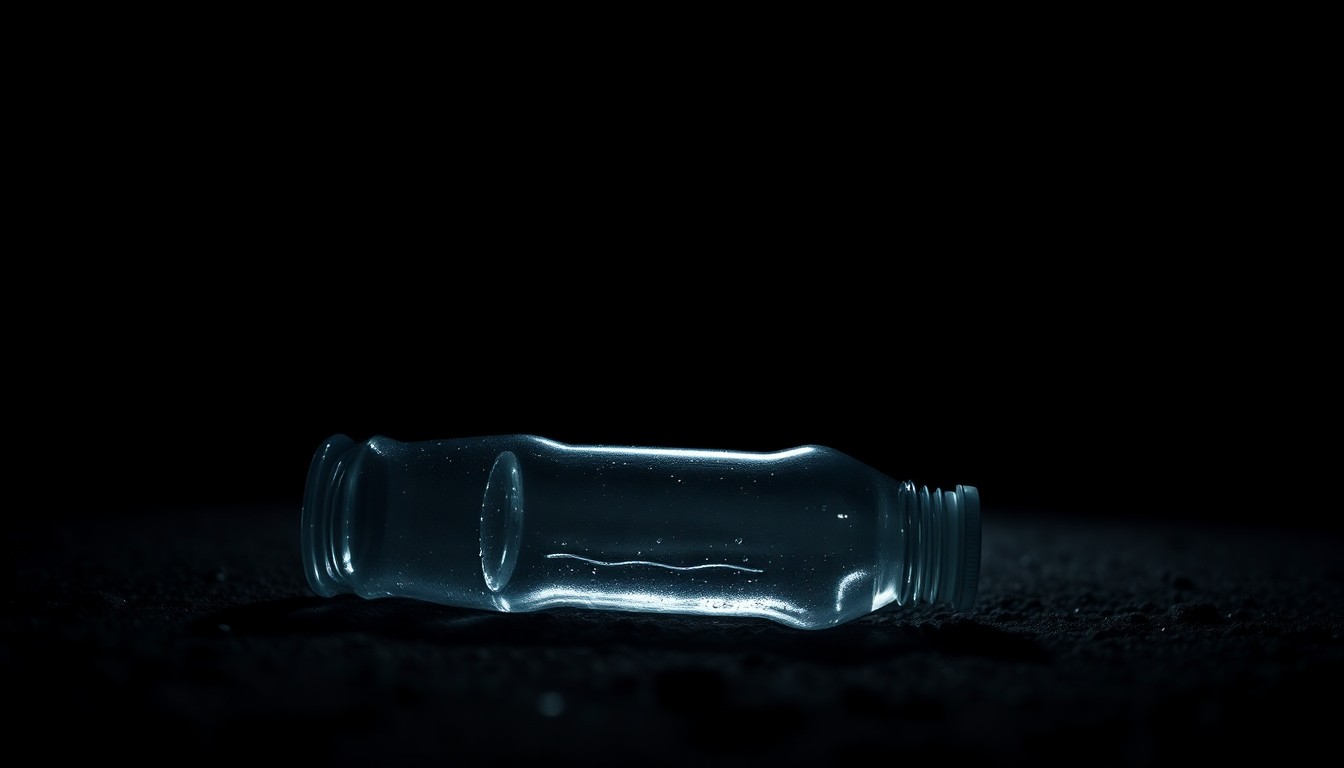 An extreme close-up photograph of a water bottle on the ground, lit by a harsh, direct camera flash against a pitch-black background, conceptually illustrating the violence of the incident.