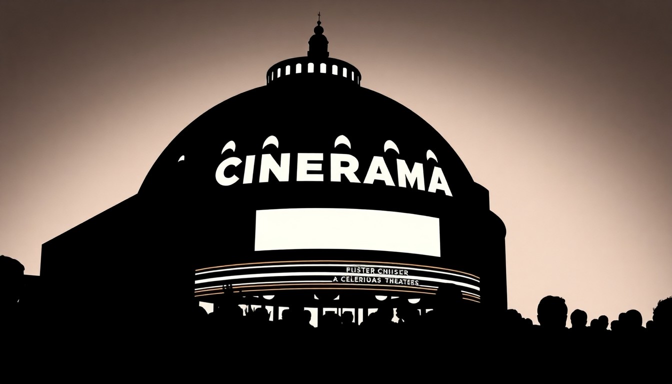 An abstract, minimalist illustration featuring stark black silhouettes of the distinctive Cinerama Dome structure, conveying a sense of determination and community resolve in the face of corporate control over the historic theater.