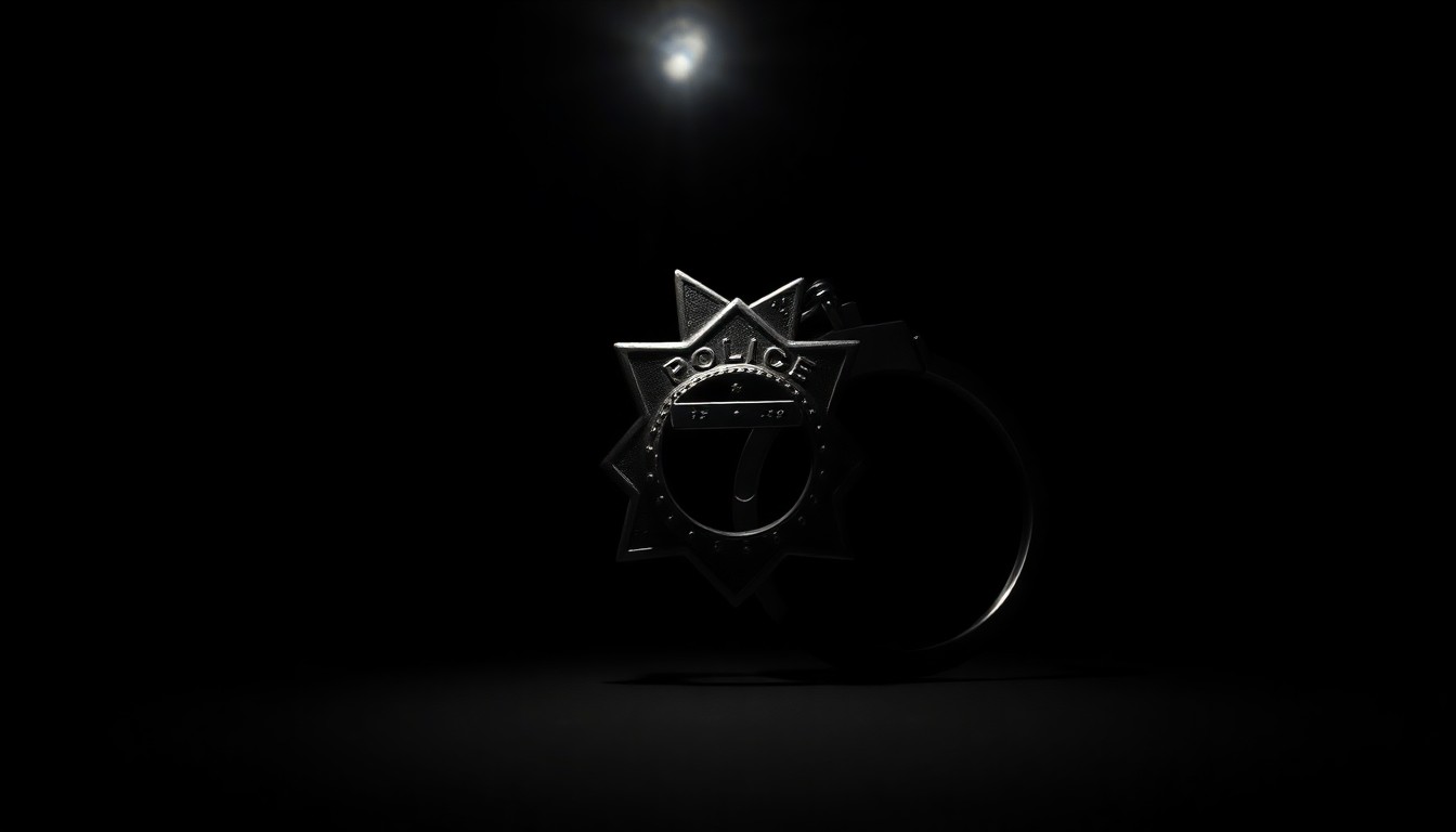 An extreme close-up photograph of a police badge or handcuffs against a pitch-black background, lit by a harsh, direct camera flash to create a stark, gritty, investigative aesthetic.