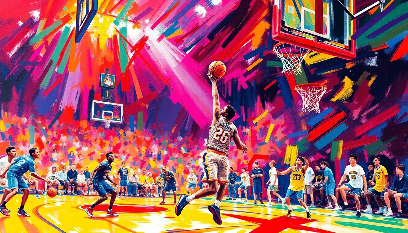 An abstract, textured painting in bright neon colors, with rapid brushstrokes conveying the explosive energy and competitive drive of a high school basketball game.