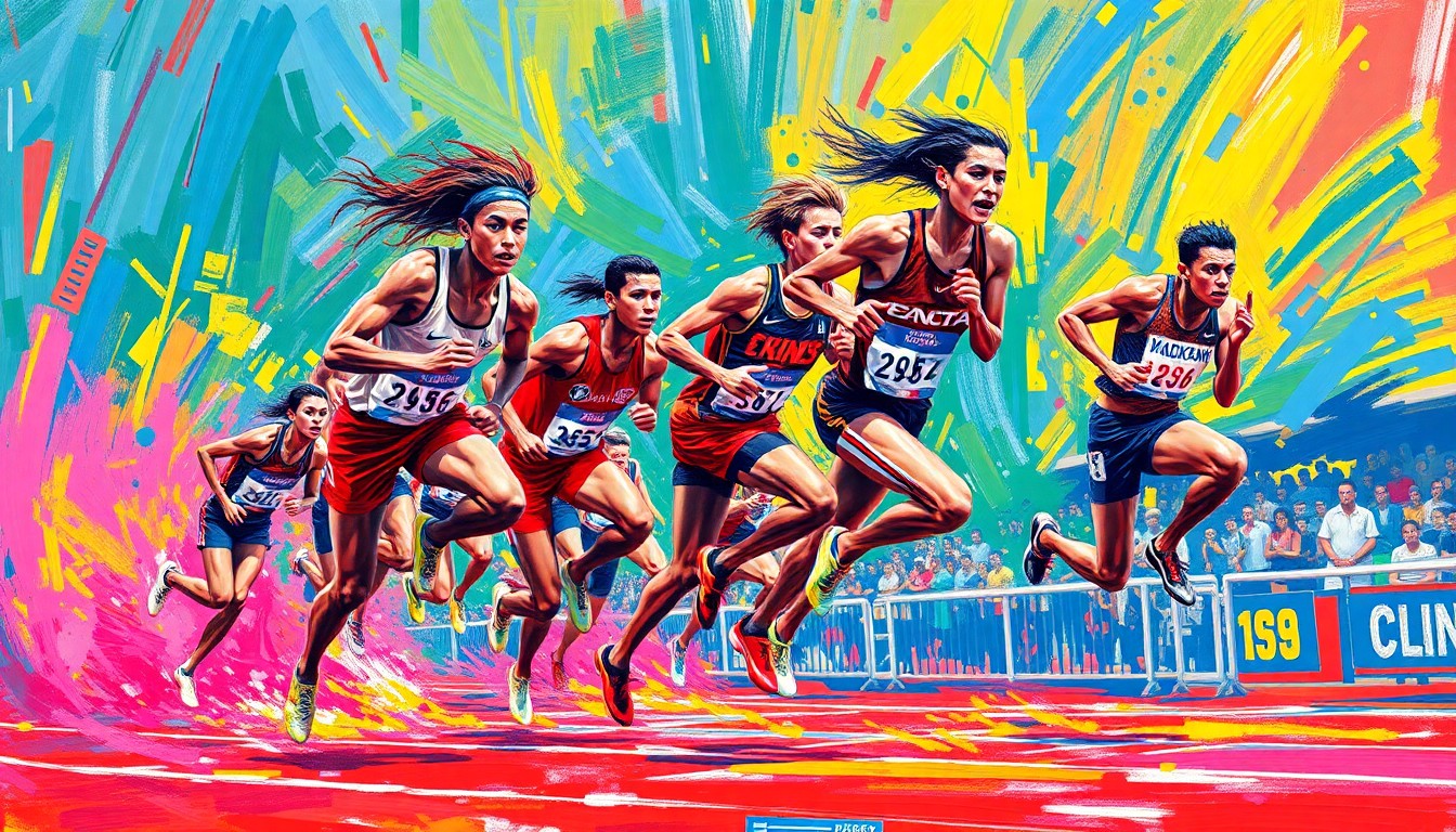 An abstract, energetic painting in neon colors depicting the dynamic motion and competition of high school track and field athletes.