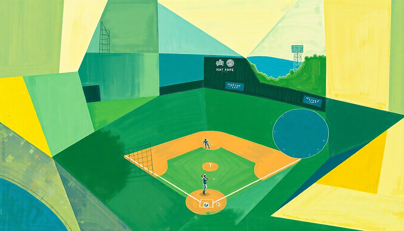 A cubist-style painting depicting a softball game broken down into sharp, overlapping geometric shapes in vibrant greens, blues, and yellows, conveying the competitive energy of the 2026 WAC softball season.