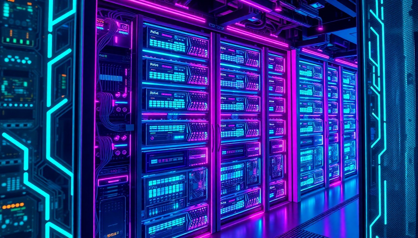 A highly detailed, glowing 3D illustration of a futuristic, liquid-cooled server rack with intricate circuitry and neon cyan and magenta lighting, conceptually representing the advanced hardware infrastructure powering Arista's XPO ecosystem.