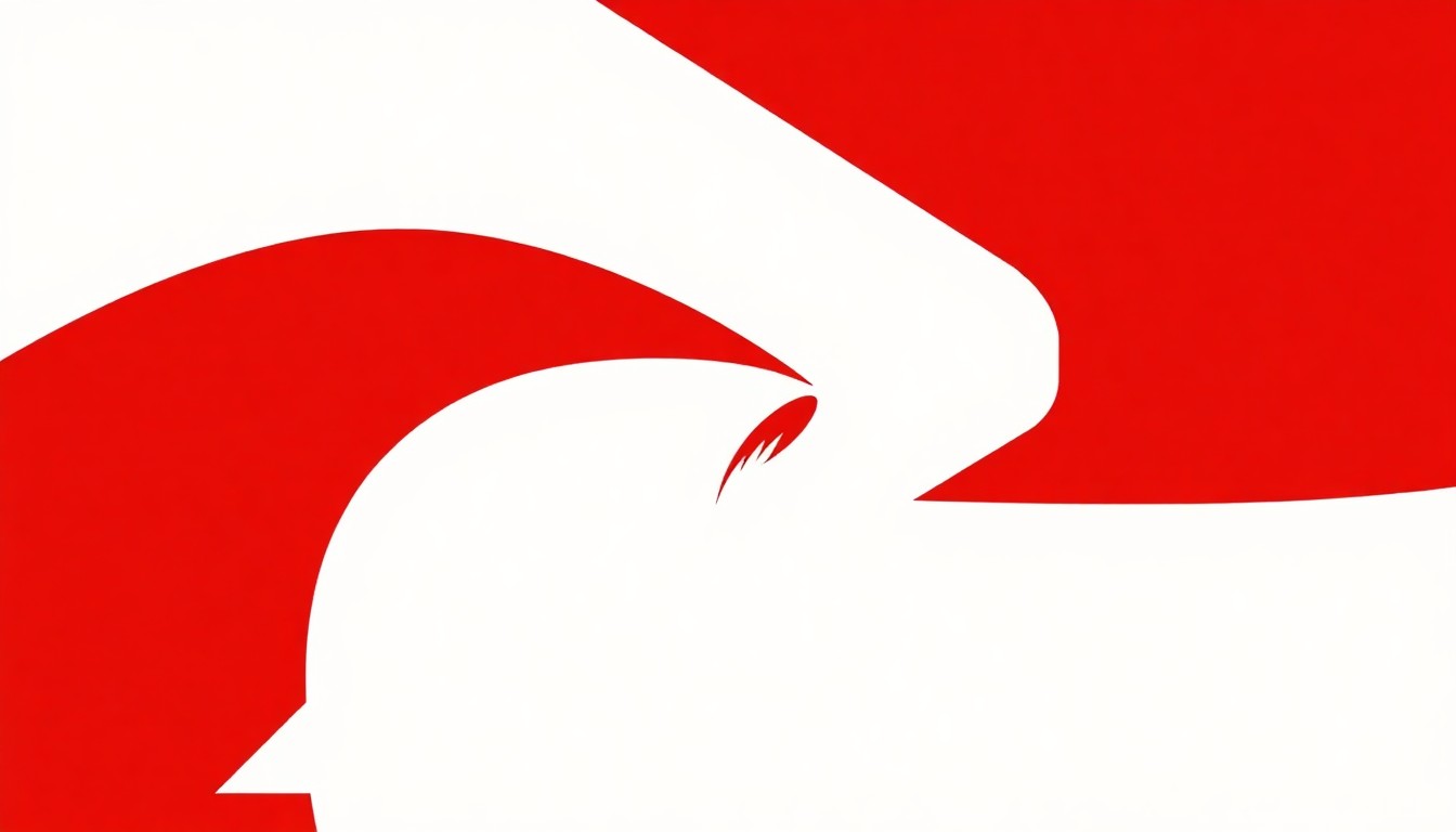 An abstract, minimalist composition of bold, jagged red and white geometric shapes, conceptually representing a fictional basketball team's logo, without any text or identifiable elements.