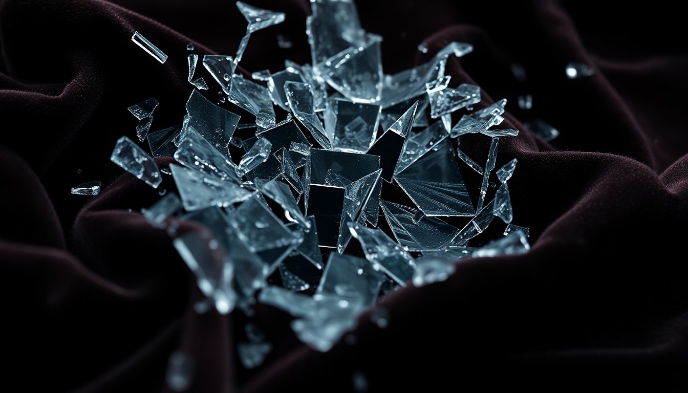 An abstract close-up image featuring shattered glass and crumpled velvet fabric, capturing the fragility and darkness underlying the glamour of celebrity culture.
