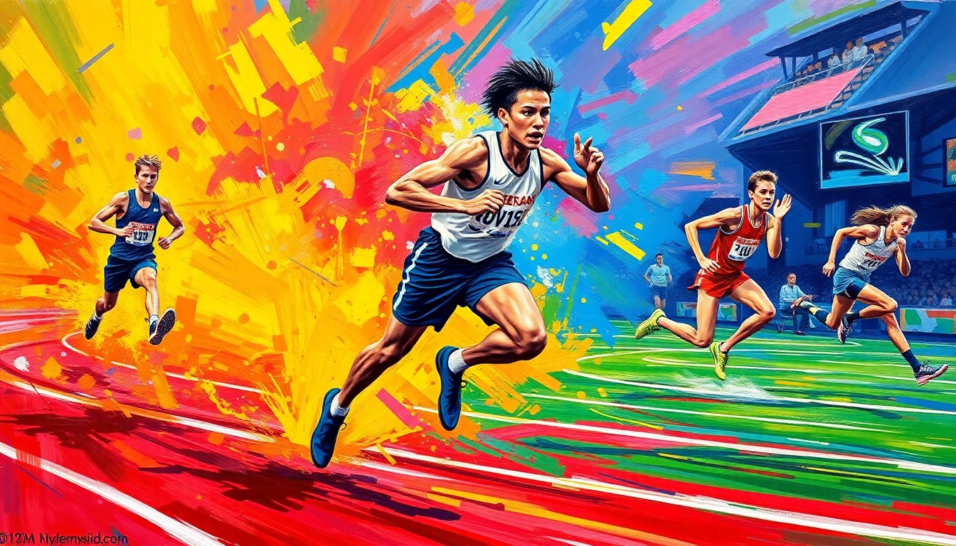 A dynamic, colorful painting in the style of LeRoy Neiman, featuring abstract, energetic brushstrokes that capture the motion and intensity of high school track and field events.