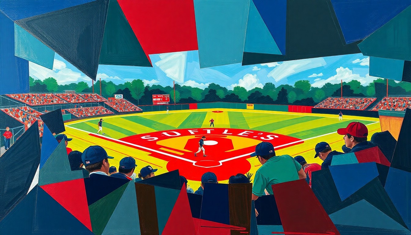 A cubist, geometric painting depicting the action and energy of a high school softball game, with sharp planes of navy, green, and red overlapping to create a dynamic, fragmented visual representation of the sport.