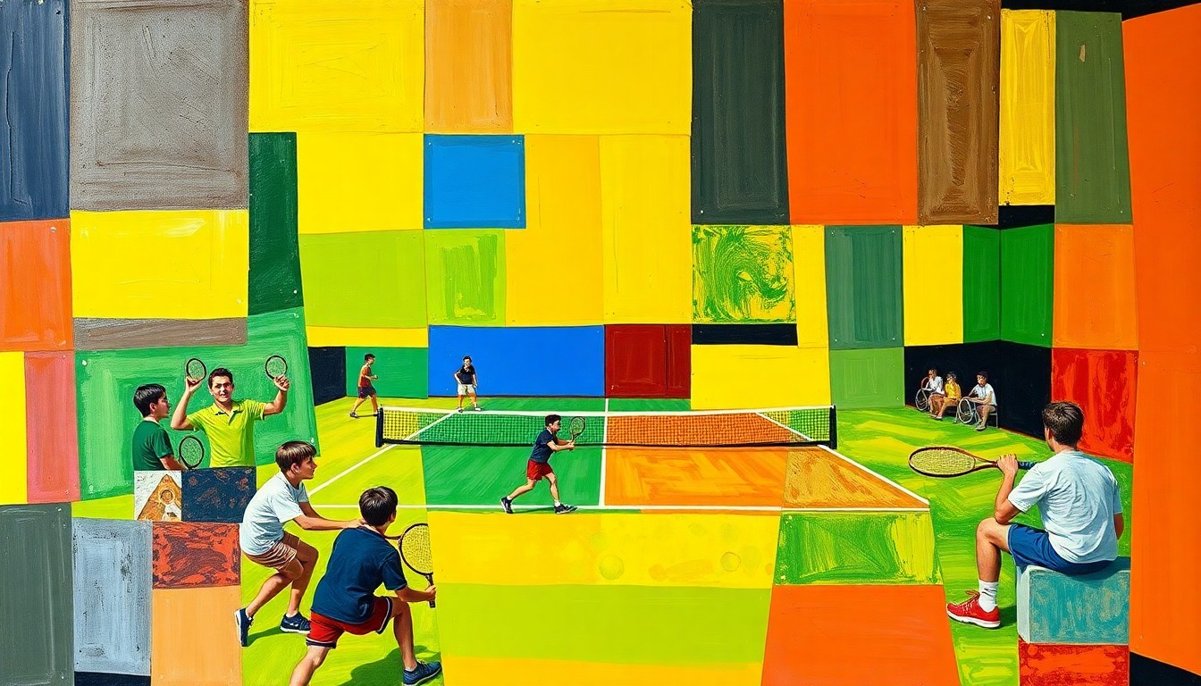 A cubist, geometric painting depicting a high school tennis match, with overlapping planes of bright blue, red, and yellow representing the dynamic action on the court.