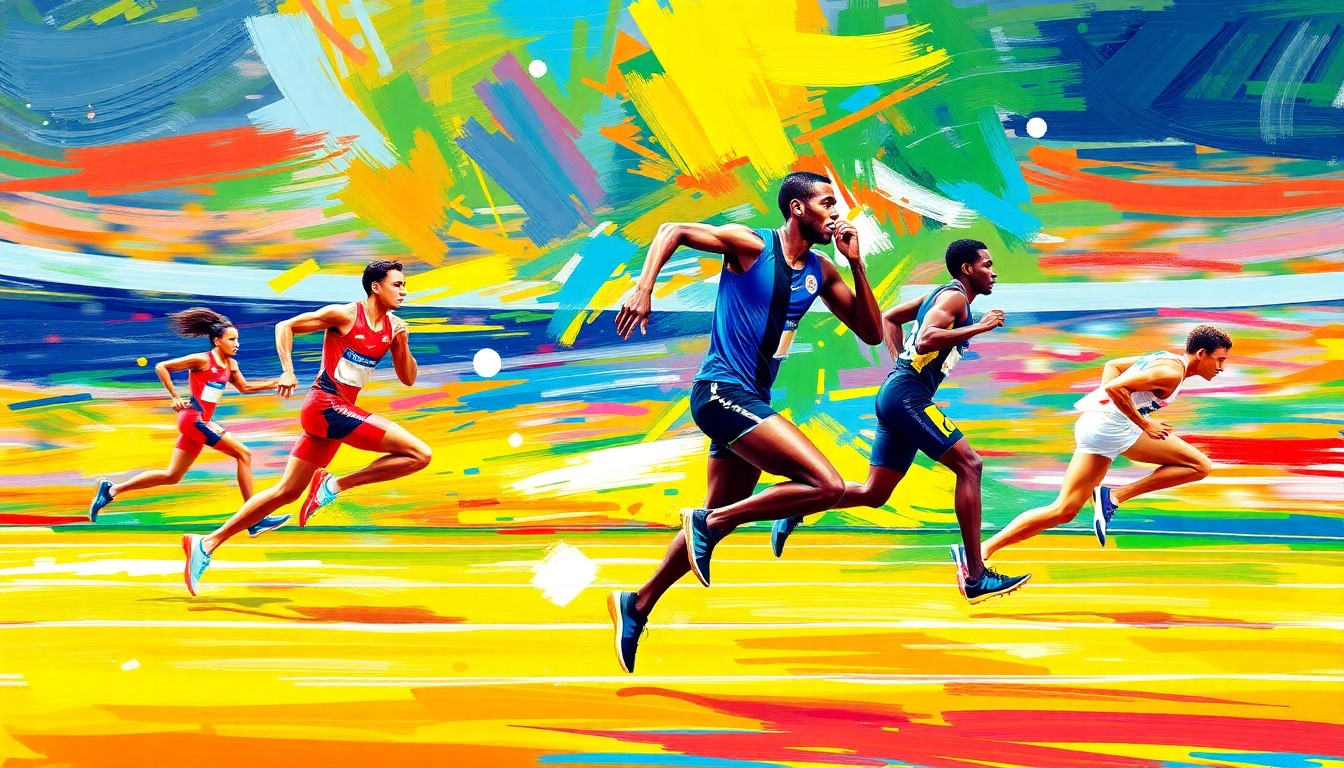 An abstract painting in vibrant neon colors, with rapid brushstrokes conveying the dynamic motion and energy of a track and field competition.