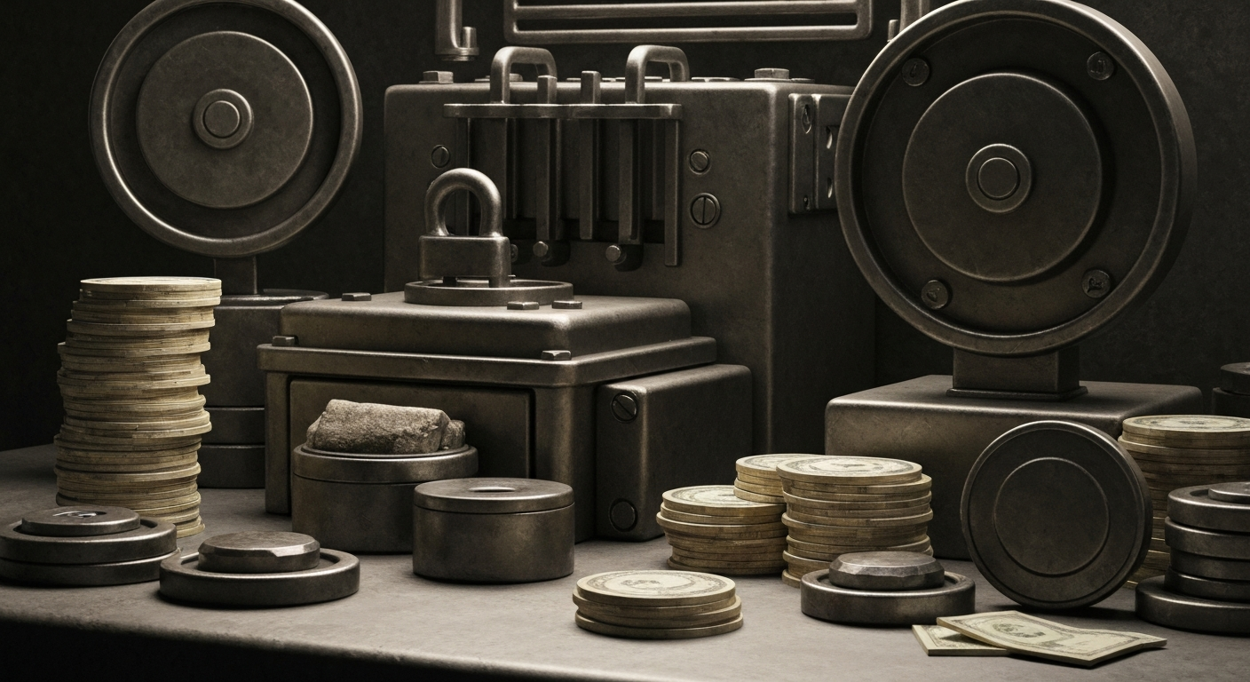 An extreme close-up of heavy, industrial banking equipment and mechanisms, conveying the tangible financial infrastructure underlying the Bluerock High Income Institutional Credit Fund's investment strategy.