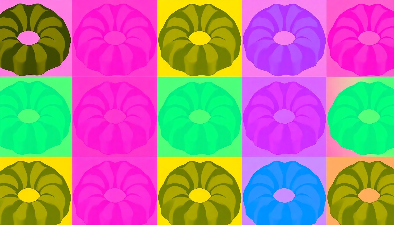A bold, colorful silkscreen-style illustration featuring multiple images of a Bundt cake in vibrant neon shades, conceptually representing the brand's new seasonal products.