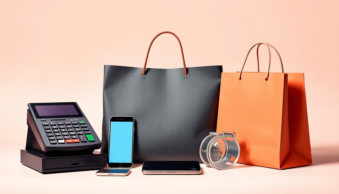 A high-end studio still life featuring a collection of polished, premium objects representing the businesses and shopping experiences along Wards Road, arranged elegantly on a clean, monochromatic background with dramatic lighting and shadows to symbolize the impact of power disruptions on the local economy.