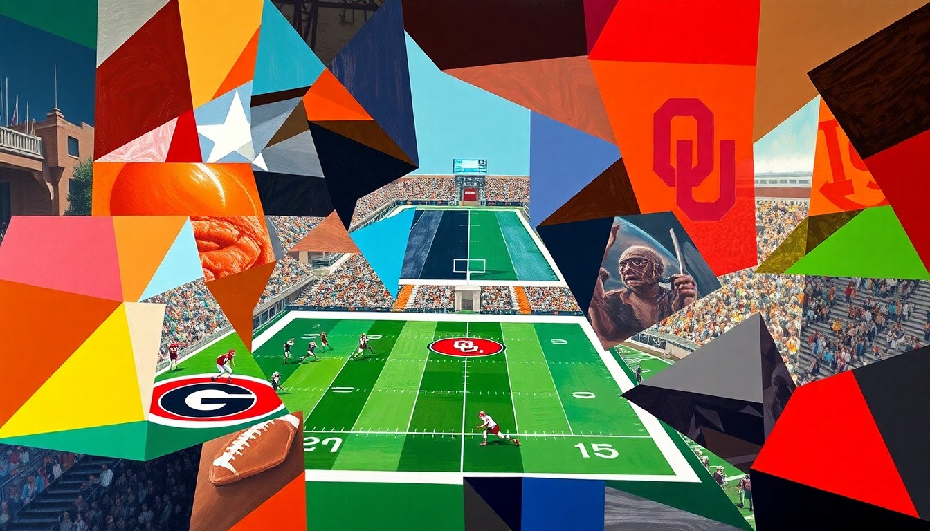 A cubist, geometric painting depicting the action of a college football game, with sharp, overlapping planes of red, black, and white representing the Georgia Bulldogs and crimson, cream, and gray representing the Oklahoma Sooners.