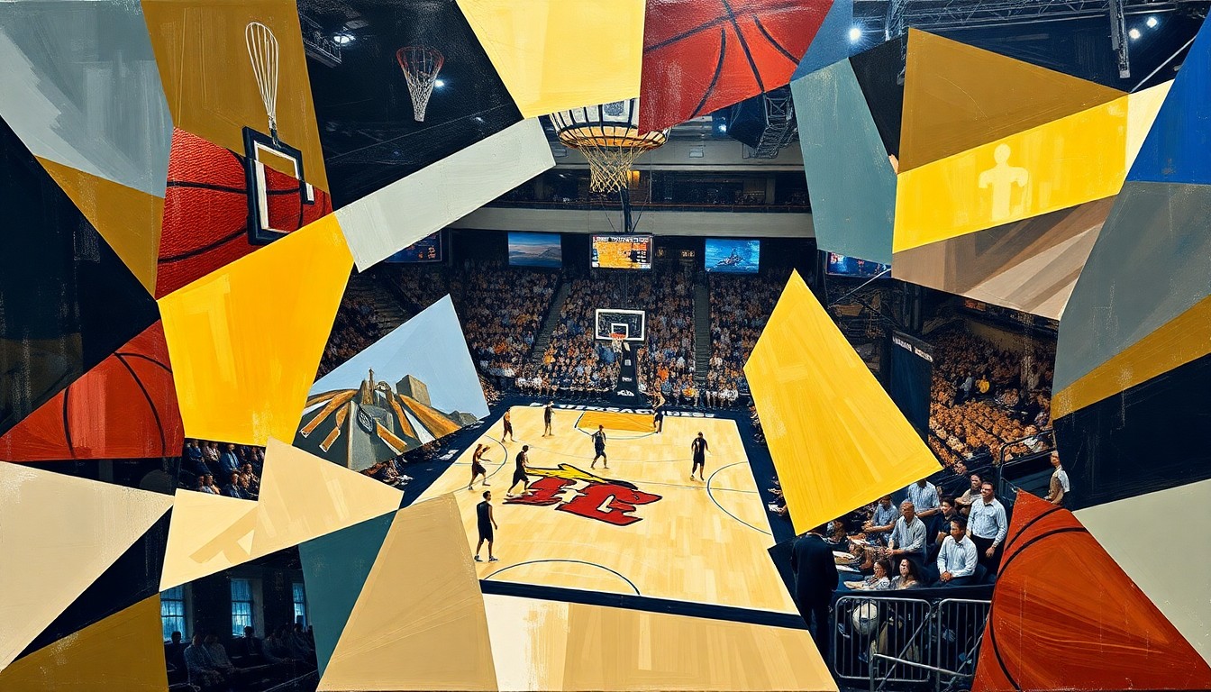 A cubist, geometric painting depicting the action of a college basketball game, with players and the court broken down into sharp, overlapping shapes and planes of color.