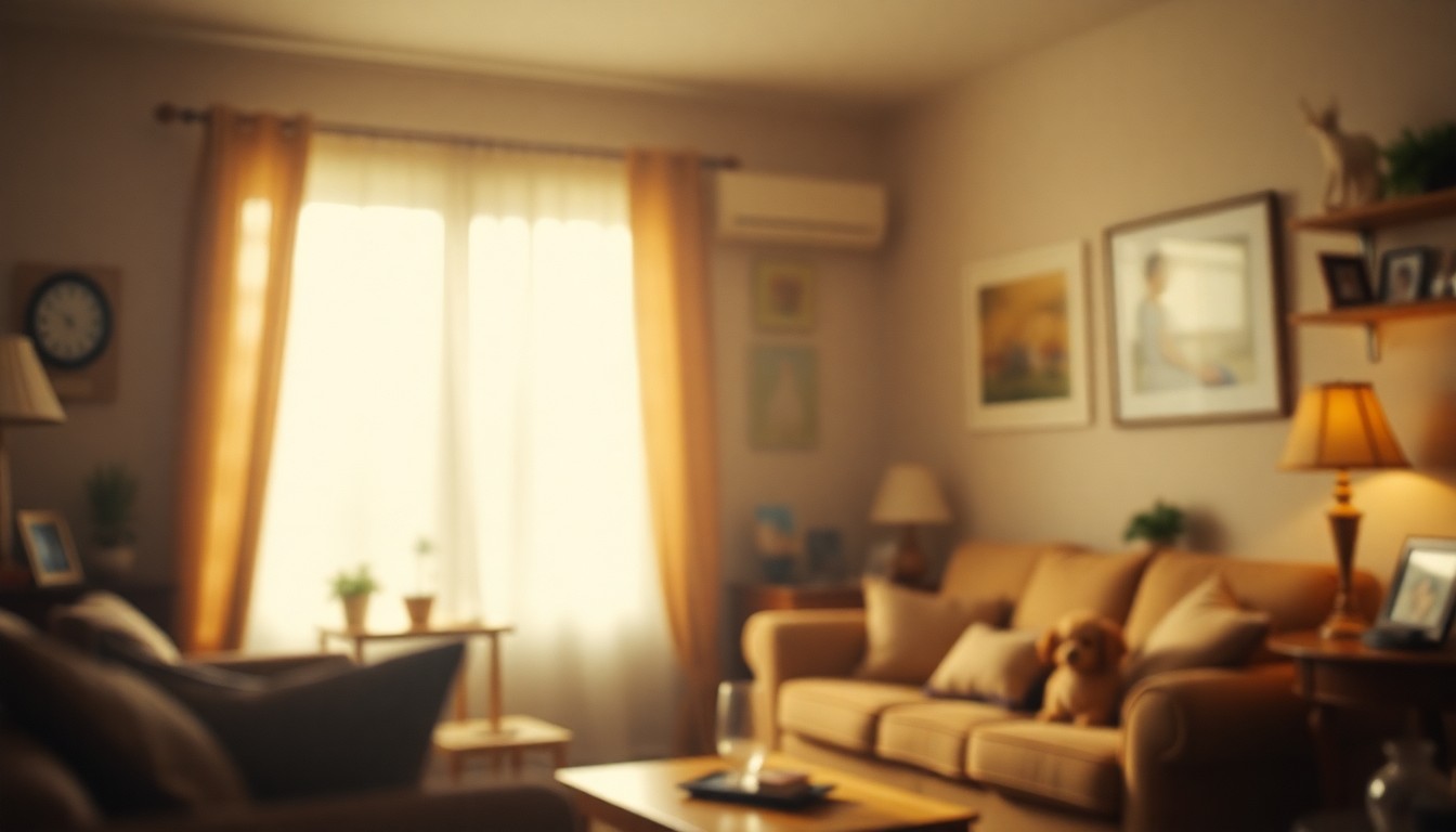 An abstract, out-of-focus photograph depicting a cozy living room scene filled with hints of personal mementos and family photographs, conveying a sense of domestic warmth and tranquility.