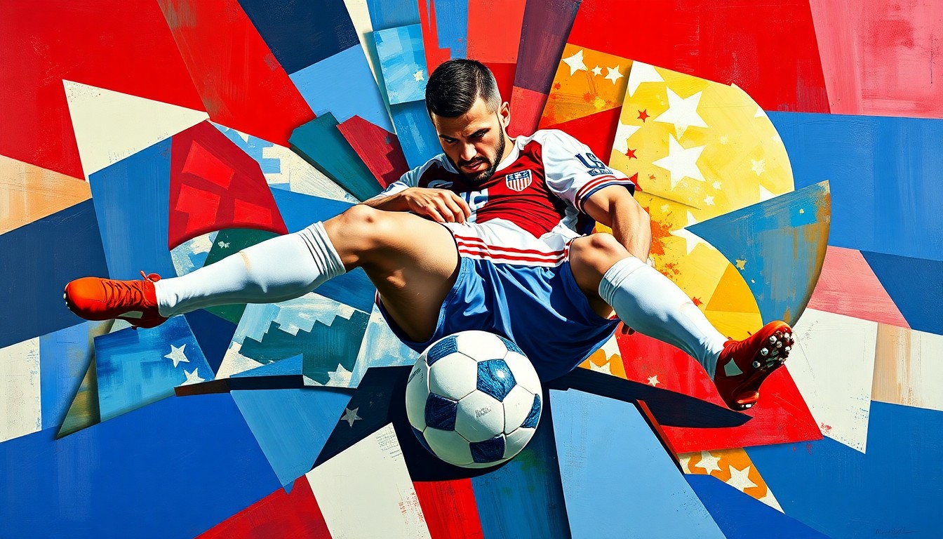 A cubist, fragmented painting in red, white, and blue hues depicting the collapse and injury of a soccer player, conveying the uncertainty surrounding the USMNT's striker options for the upcoming World Cup.