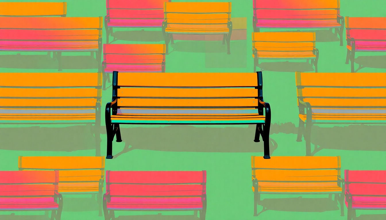 A bold, colorful silkscreen-style illustration featuring a park bench repeated in a grid pattern, representing the new community space being created in downtown Palmetto.