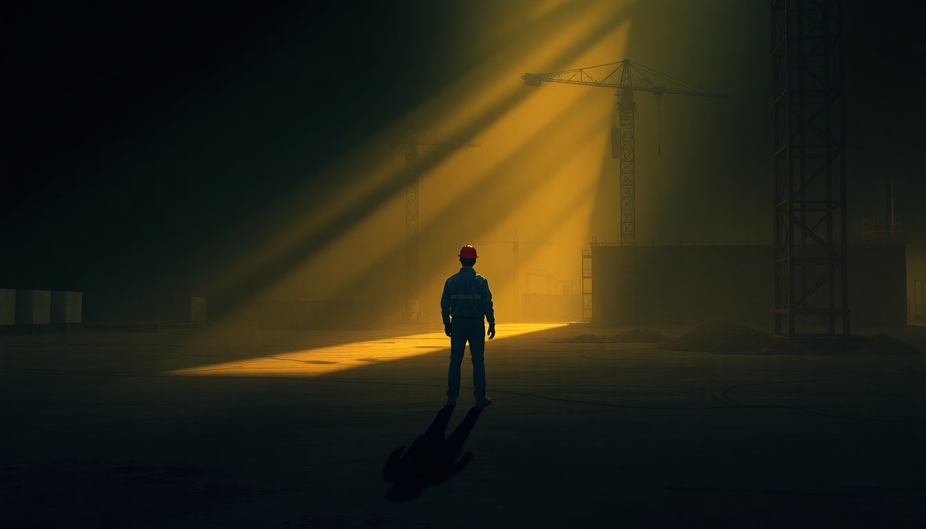 A serene, cinematic painting of a lone construction worker standing on an empty job site, the scene bathed in warm, dramatic lighting that evokes a sense of contemplation and quiet tension.
