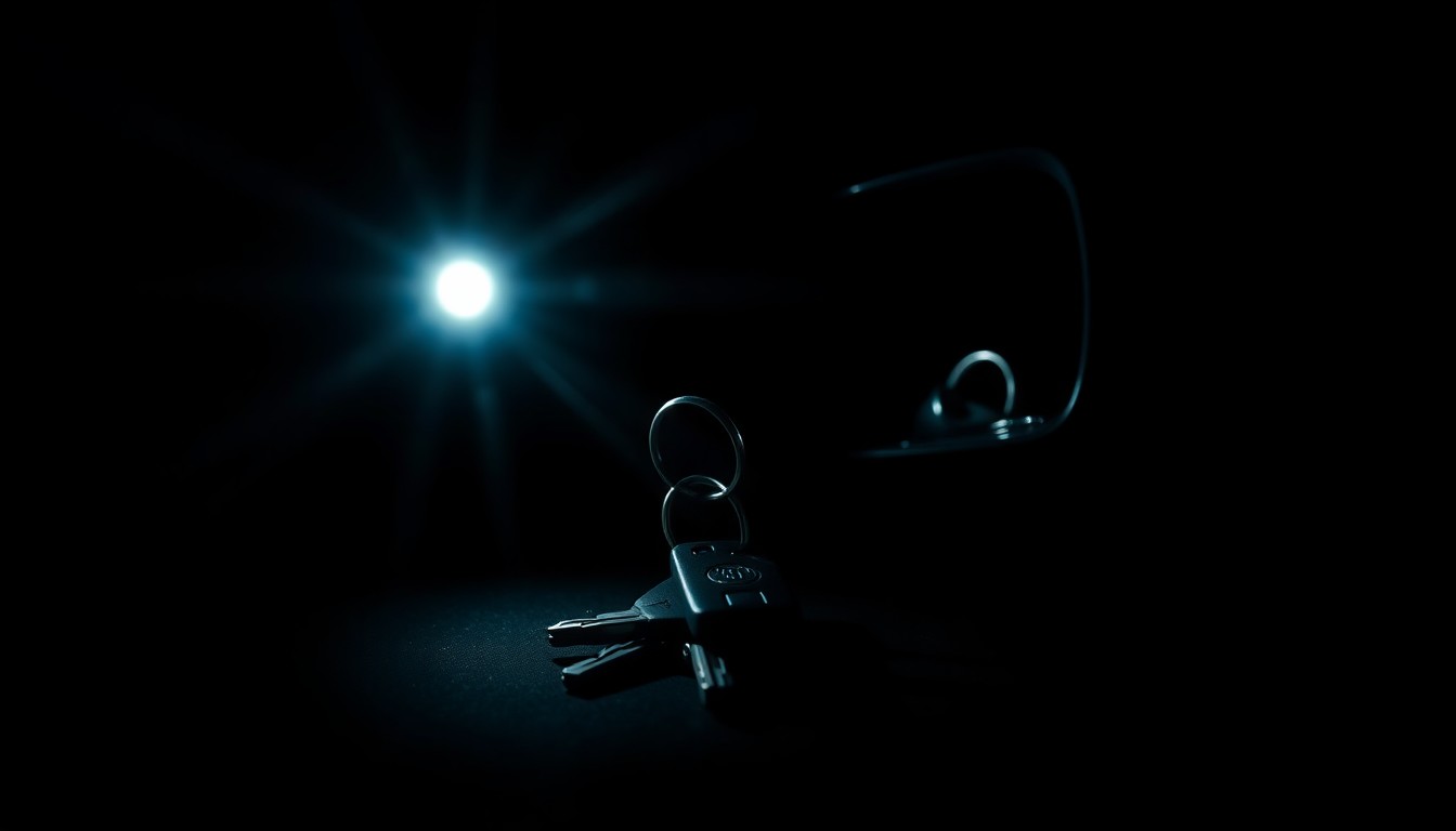 An extreme close-up of a set of car keys and a broken side mirror, conceptually illustrating the aftermath of a high-speed police chase and the investigation into a repeat offender's crimes.