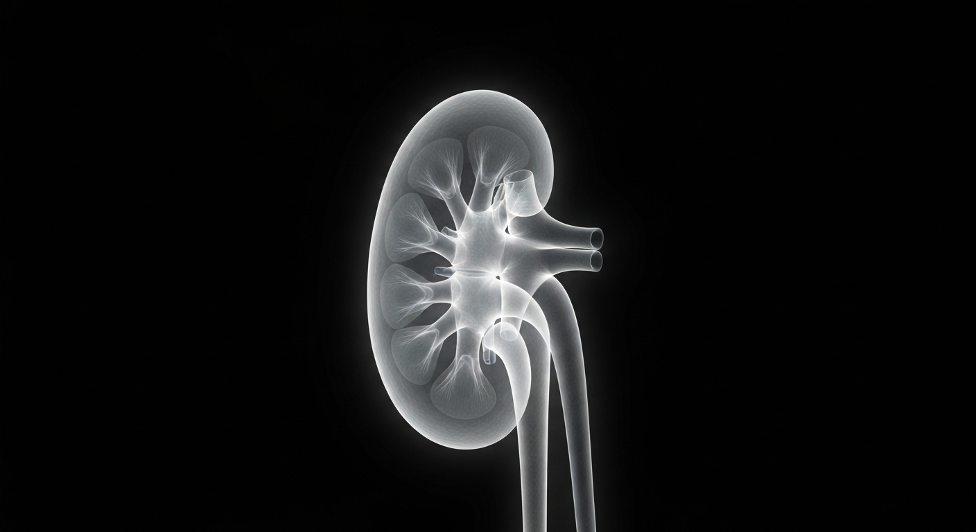 A ghostly, translucent X-ray image of a human kidney glowing against a dark background, conceptually representing the fragility and resilience of the organ transplant process.