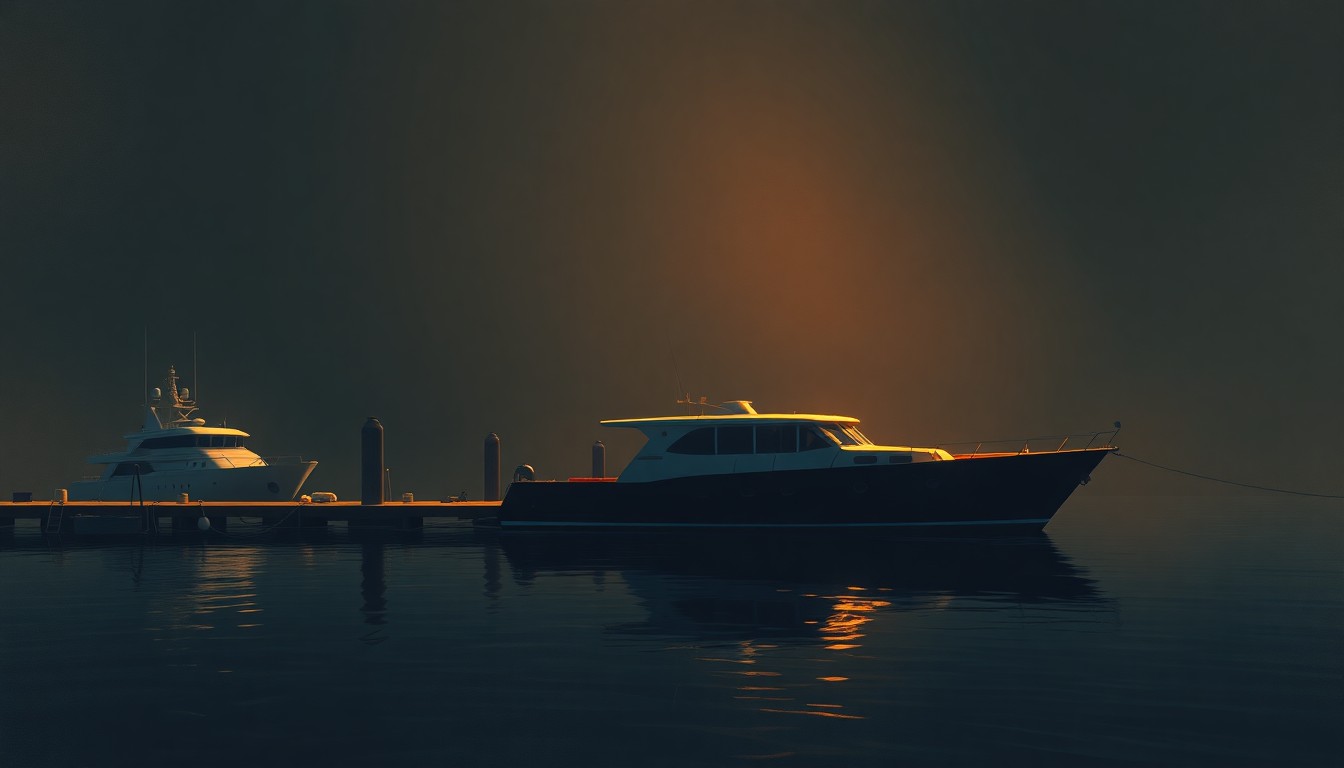 A serene, cinematic painting of a lone yacht docked in a harbor, with warm sunlight casting long shadows across the scene, capturing a sense of quiet contemplation and the lingering influence of Trump-era politics.