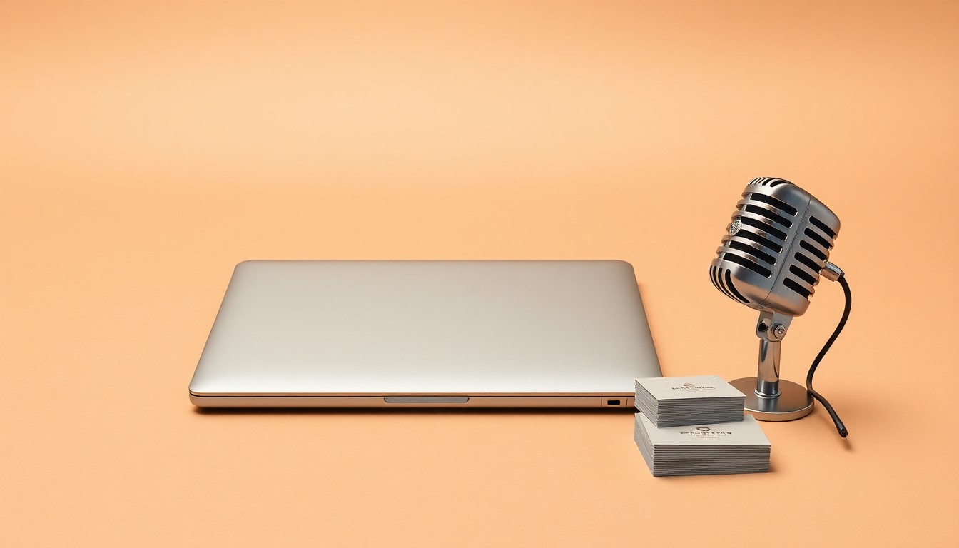 A minimalist, photorealistic studio still life featuring a sleek laptop, metal microphone, and stack of business cards, symbolizing the intersection of technology, sales expertise, and professional growth.