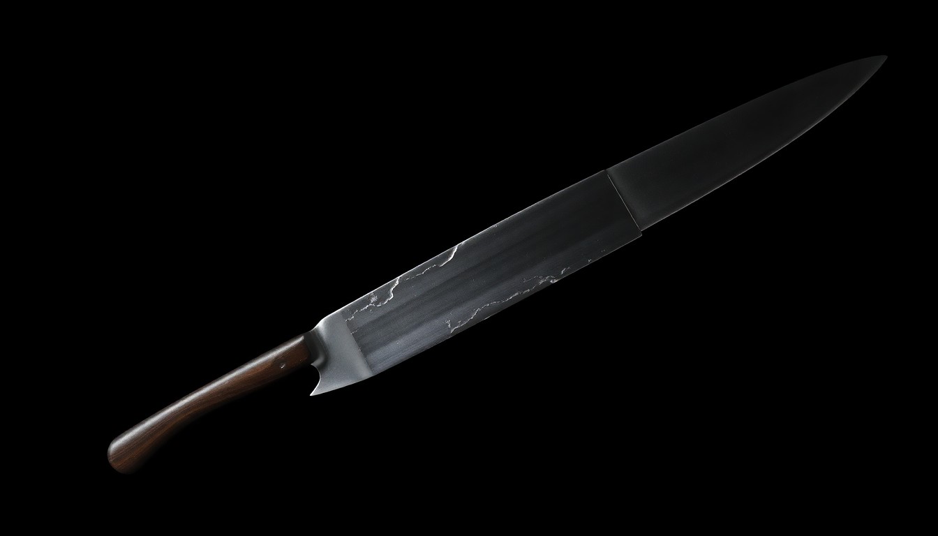 An extreme close-up photograph of a broken kitchen knife against a pitch-black background, lit by a harsh, direct camera flash, conceptually representing the physical evidence in a case of alleged domestic violence.