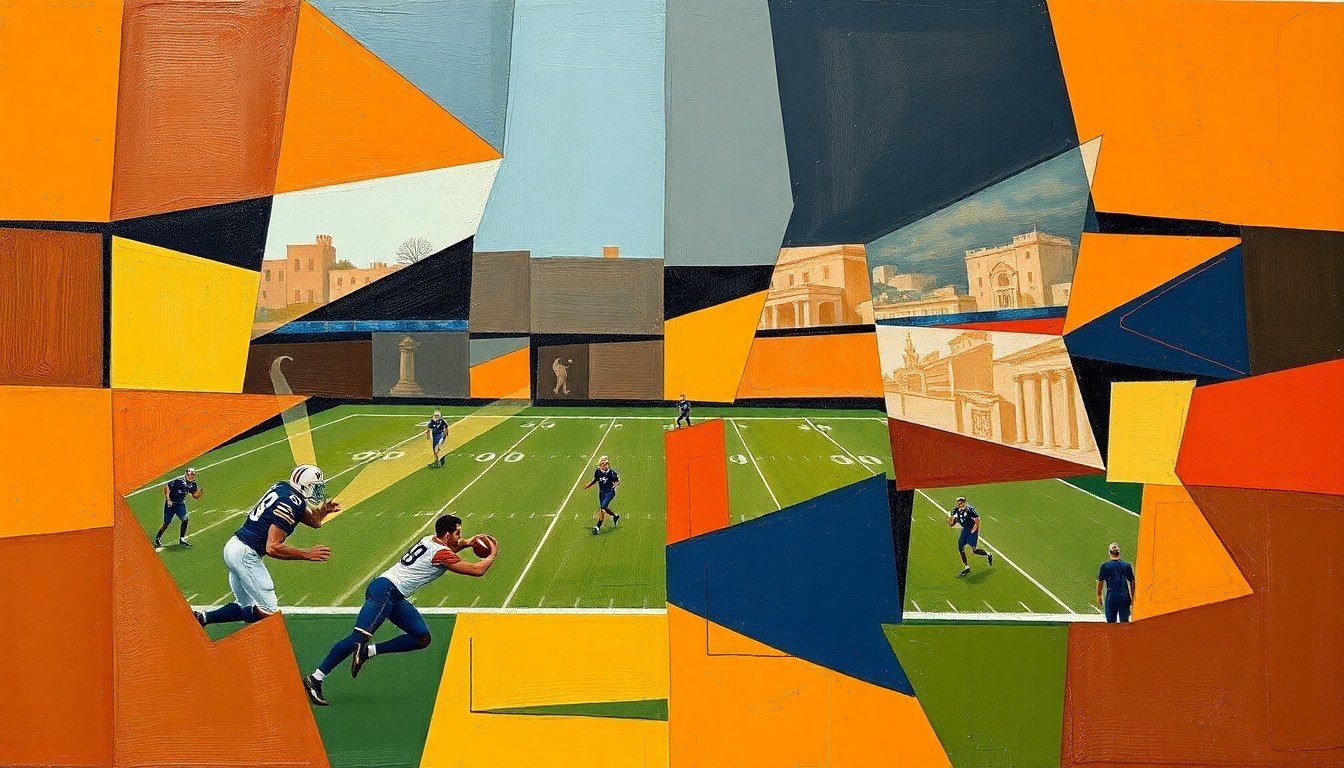 A cubist, geometric painting depicting fragmented and overlapping shapes representing football players and equipment, rendered in earthy tones of brown, orange, and navy blue to conceptually illustrate the Browns' roster changes.