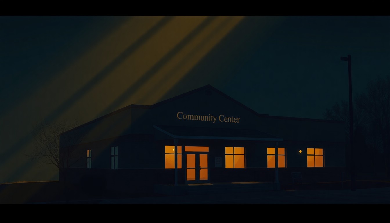 A serene, textured painting of a modest community center or nonprofit building, its facade and windows glowing with warm sunlight, conveying a sense of quiet importance and resilience.