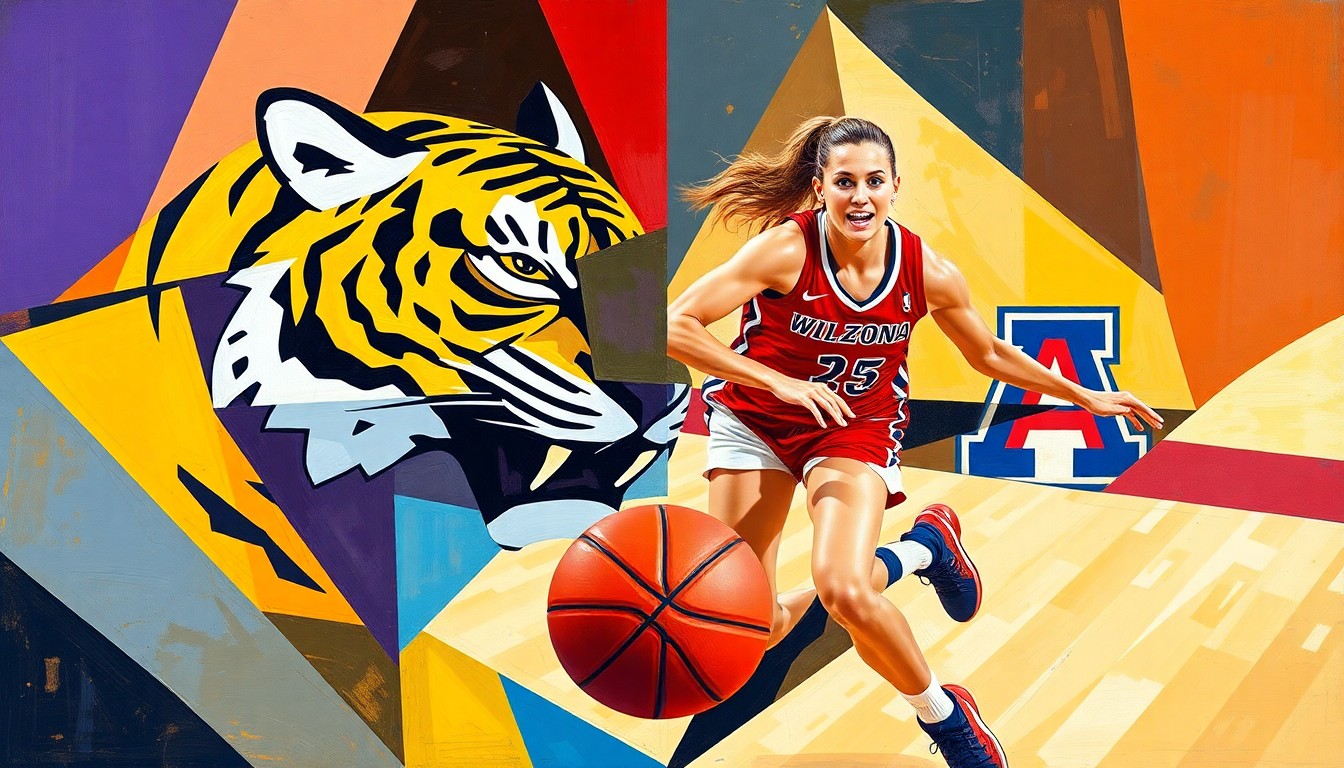 A cubist, geometric painting depicting the fragmented action of a women's basketball game, with the vibrant colors of the LSU Tigers and Arizona Wildcats uniforms overlapping in an abstract composition.