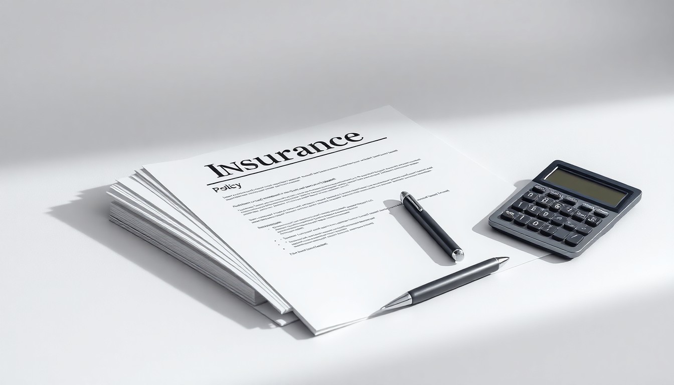 A minimalist studio still life photograph featuring a stack of insurance policy documents, a pen, and a calculator arranged elegantly on a clean white background, conceptually representing the expansion of the insurance industry in Rhode Island.