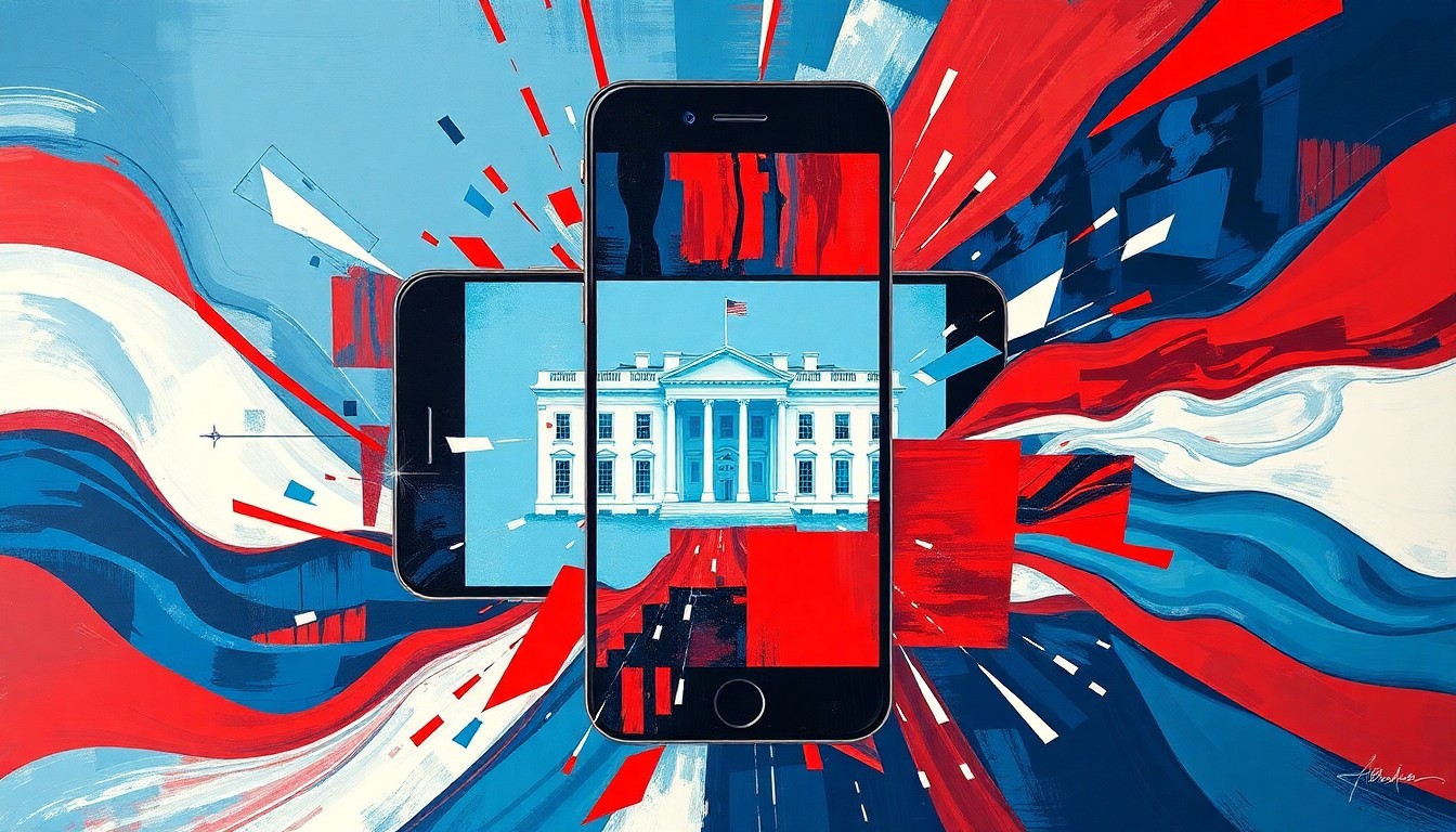 A vibrant, abstract painting featuring a fractured smartphone screen displaying the White House logo, surrounded by overlapping geometric shapes and waves of patriotic colors, conceptually representing the administration's efforts to communicate directly with the public through digital platforms.