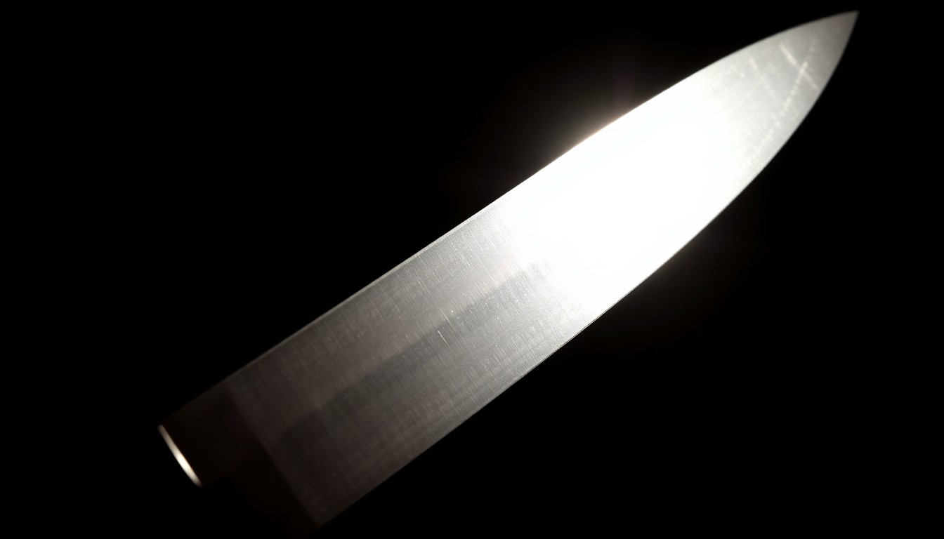 An extreme close-up of a sharp metal object, such as a knife, dramatically lit by a harsh camera flash against a dark background, conceptually representing the violence of the crime described in the news story.