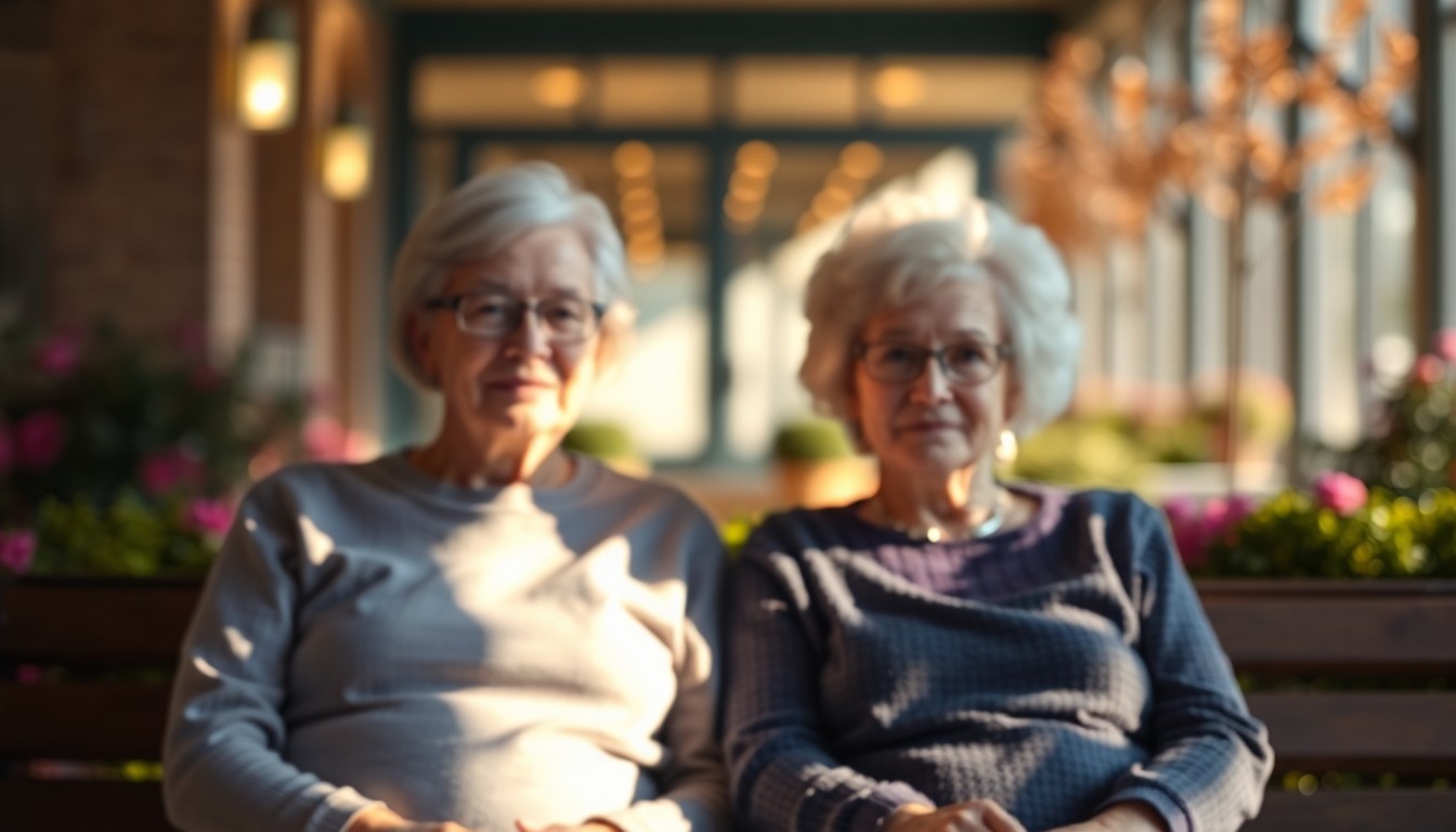 An abstract, out-of-focus photograph of two senior adults sitting together on a bench, their faces and surroundings blurred in soft, warm pools of light and color, conceptually representing the heartwarming story of their later-in-life romance.