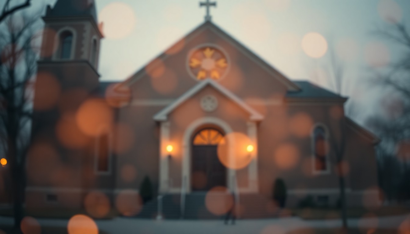 An extremely abstracted, out-of-focus photograph of the exterior of a church, with soft pools of warm light and color creating a dreamlike, atmospheric scene that captures the emotional essence of the community's fight to save their beloved place of worship.