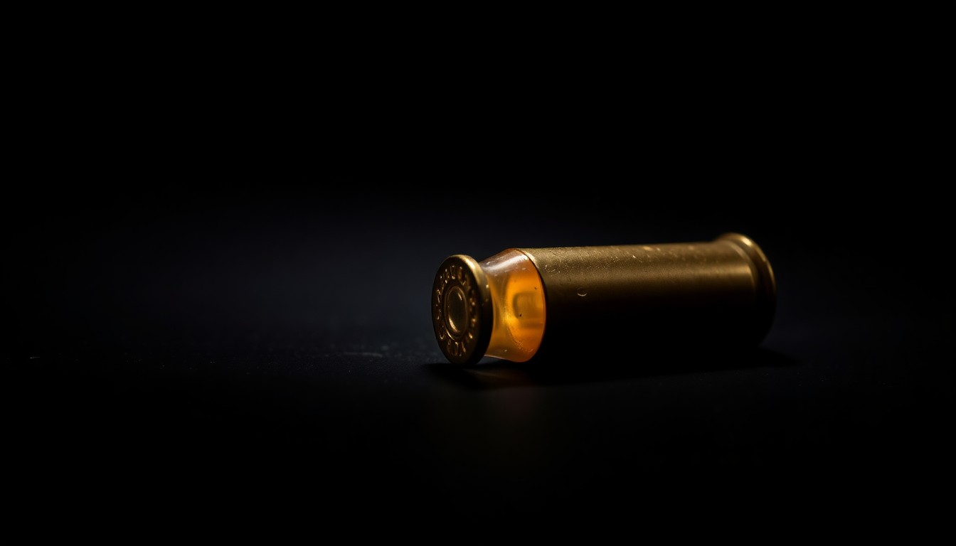 An extreme close-up of a spent bullet casing on a dark surface, capturing the gritty, investigative aesthetic of the crime scene through dramatic lighting and stark contrast.