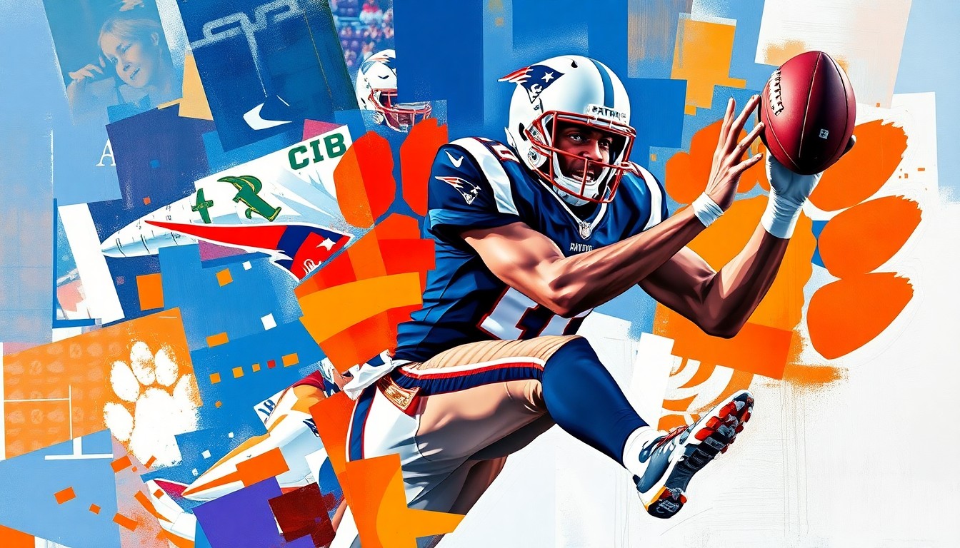 A fragmented, geometric painting depicting a football player in mid-catch, with sharp planes of color representing the Patriots' uniform and Clemson's colors, conveying the dynamic energy of the play.