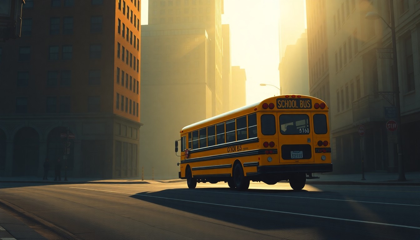 A serene, photorealistic painting of a yellow school bus parked on a city street, the vehicle's reflections and shadows creating a sense of solitude and contemplation.