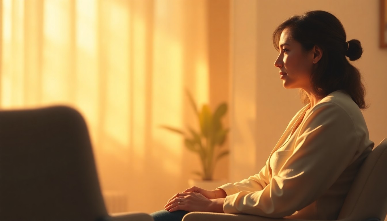 An extremely abstracted, out-of-focus photograph of a counseling session, with soft pools of warm color and light creating an intimate, calming atmosphere.
