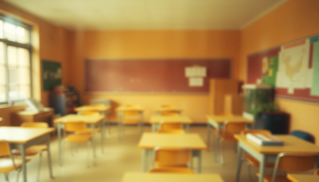 An abstract, dreamy image of an empty classroom, with blurred desks, chairs, and school supplies visible through a hazy, rain-streaked lens, conveying a sense of melancholy and uncertainty.