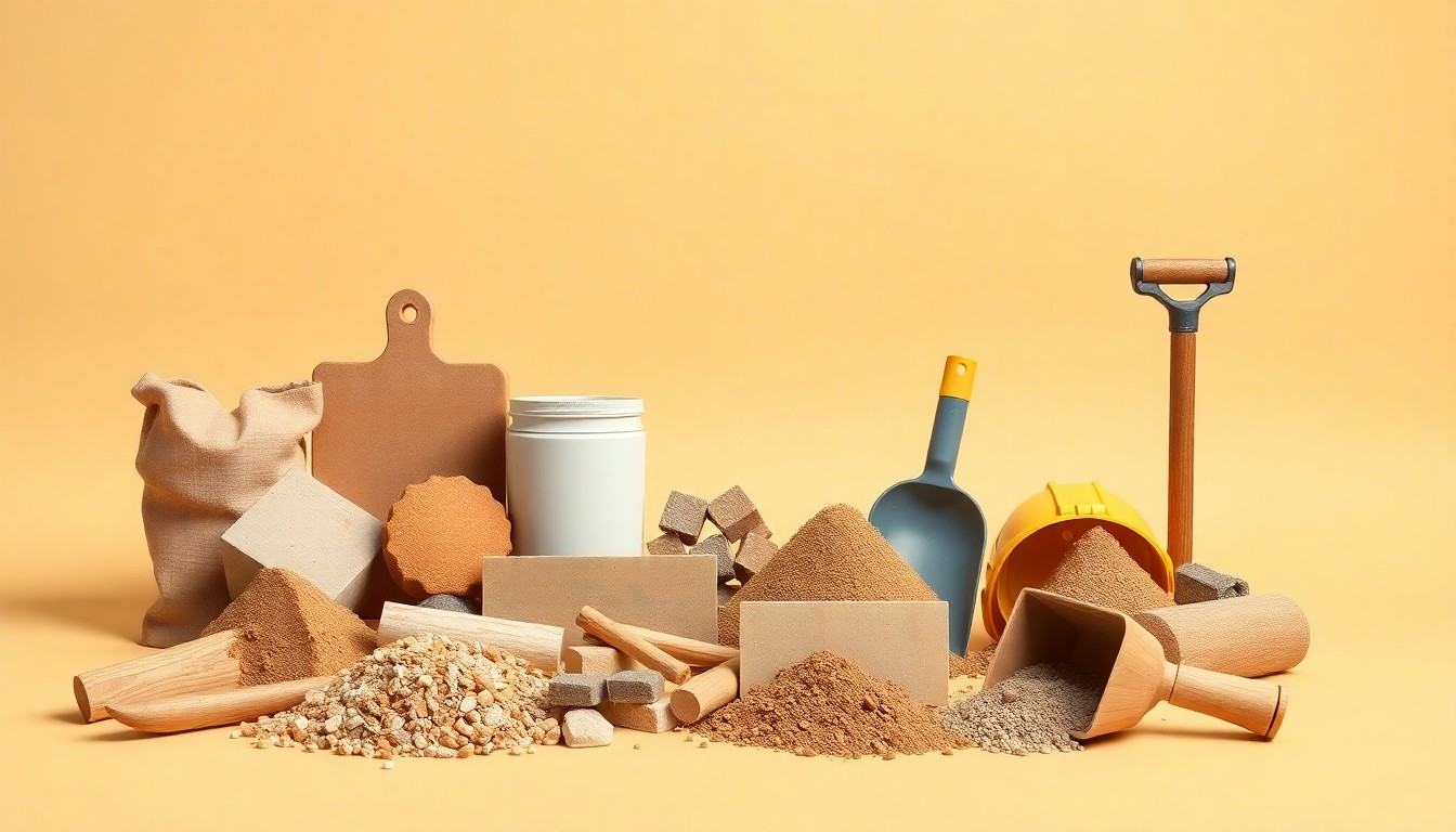 A high-end studio still life photograph featuring a collection of polished construction materials and tools arranged elegantly on a clean, monochromatic background, conceptually representing the integrated site planning and excavation services provided by DW Excavation.