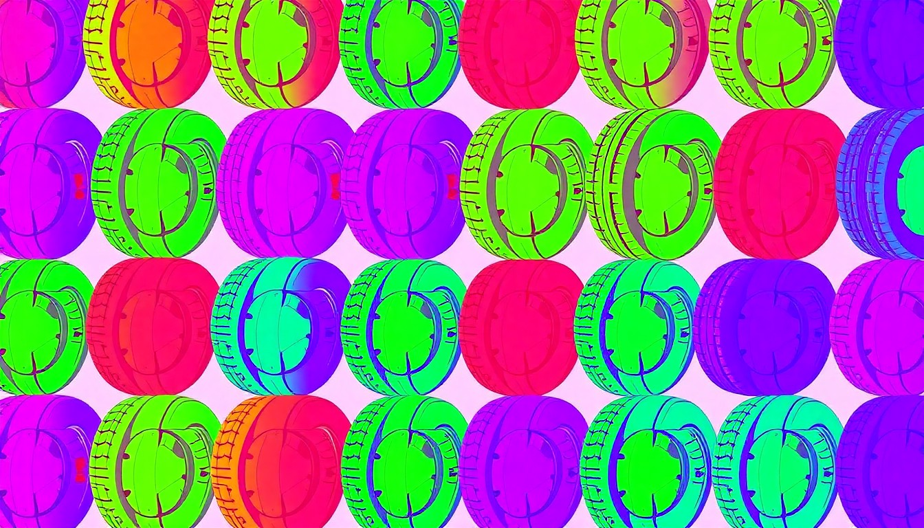 A bold, abstract grid of neon-colored car tires in a high-contrast silkscreen style, conceptually representing the recycling and proper disposal of automotive waste.