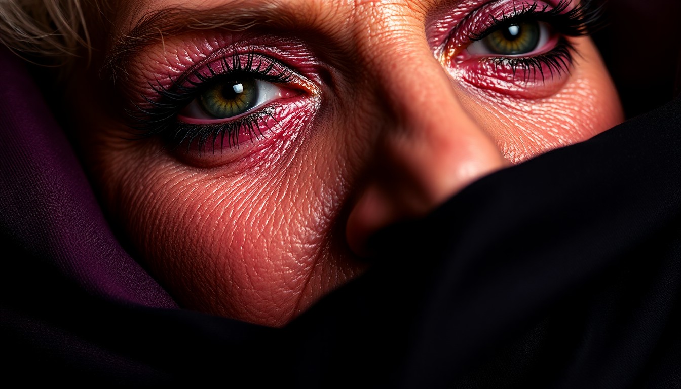 An abstract close-up photograph featuring dramatic textures of makeup, including shimmering gold eyeshadow, deep plum lipstick, and velvety black mascara. The high-contrast lighting and extreme macro focus create a sensual, high-fashion aesthetic that conceptually represents an older actress's confident personal style.