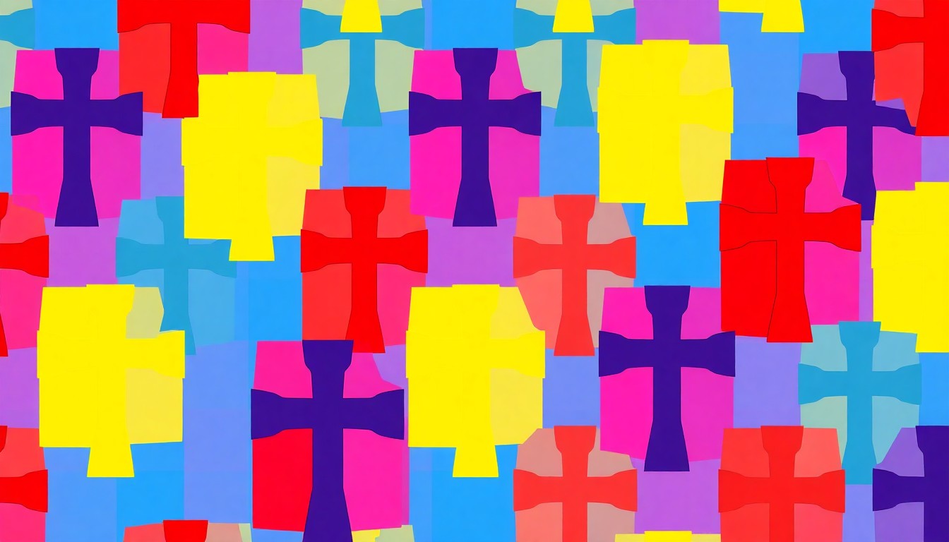 A bold, colorful silkscreen print featuring a repeated Catholic cross icon in a grid pattern, conceptually representing the renewed energy and growth of the Catholic Church.