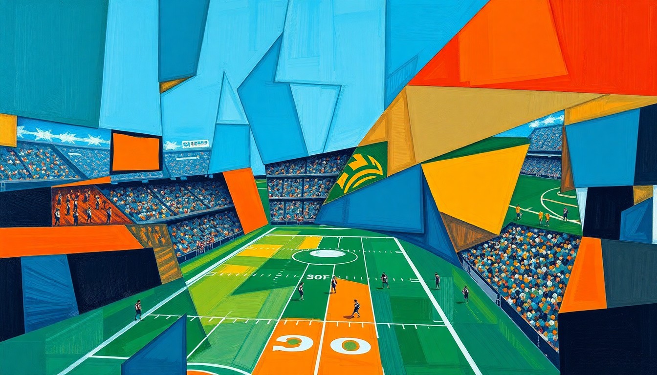 A cubist, geometric painting depicting fragmented, overlapping shapes and planes in shades of blue, orange, and green, representing the strategic elements of the Steelers' 2026 NFL Draft plans.