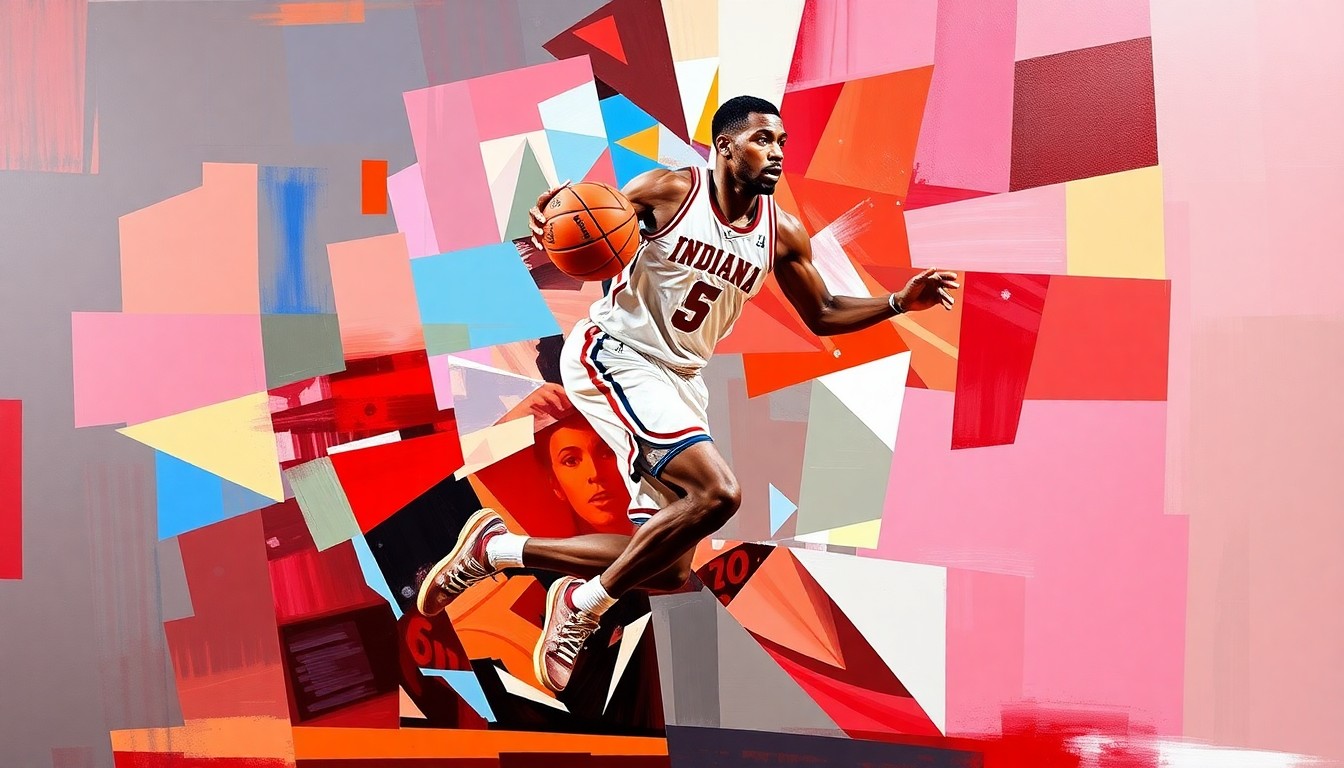 A fragmented, geometric painting depicting an Indiana basketball player in motion, with sharp planes of color representing the team's vibrant hues and the changing dynamics of their roster.