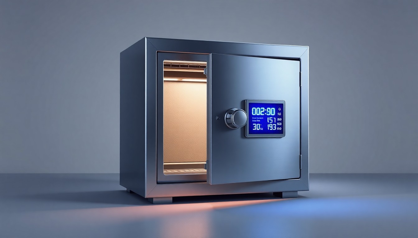 A photorealistic studio still-life image of a shiny, metallic safe with a glowing digital display panel, representing the need to protect one's finances from online investment scams.